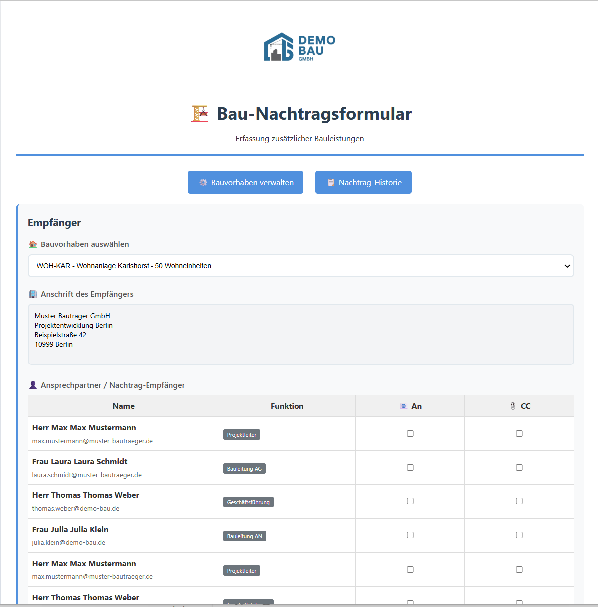 Screenshot Nachtragserstellung